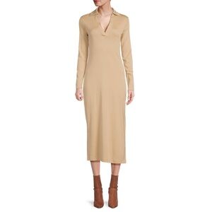 VINCE Pima Cotton Johnny Collar Tan Midi Dress Long Sleeve V-neck Tan Brown L
